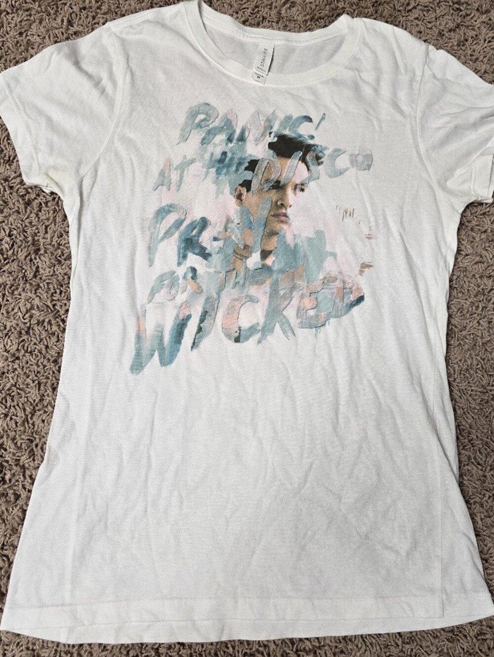 Panic At The Disco Shirt, White Graphic Tee with Pastel Blue & Pink Design